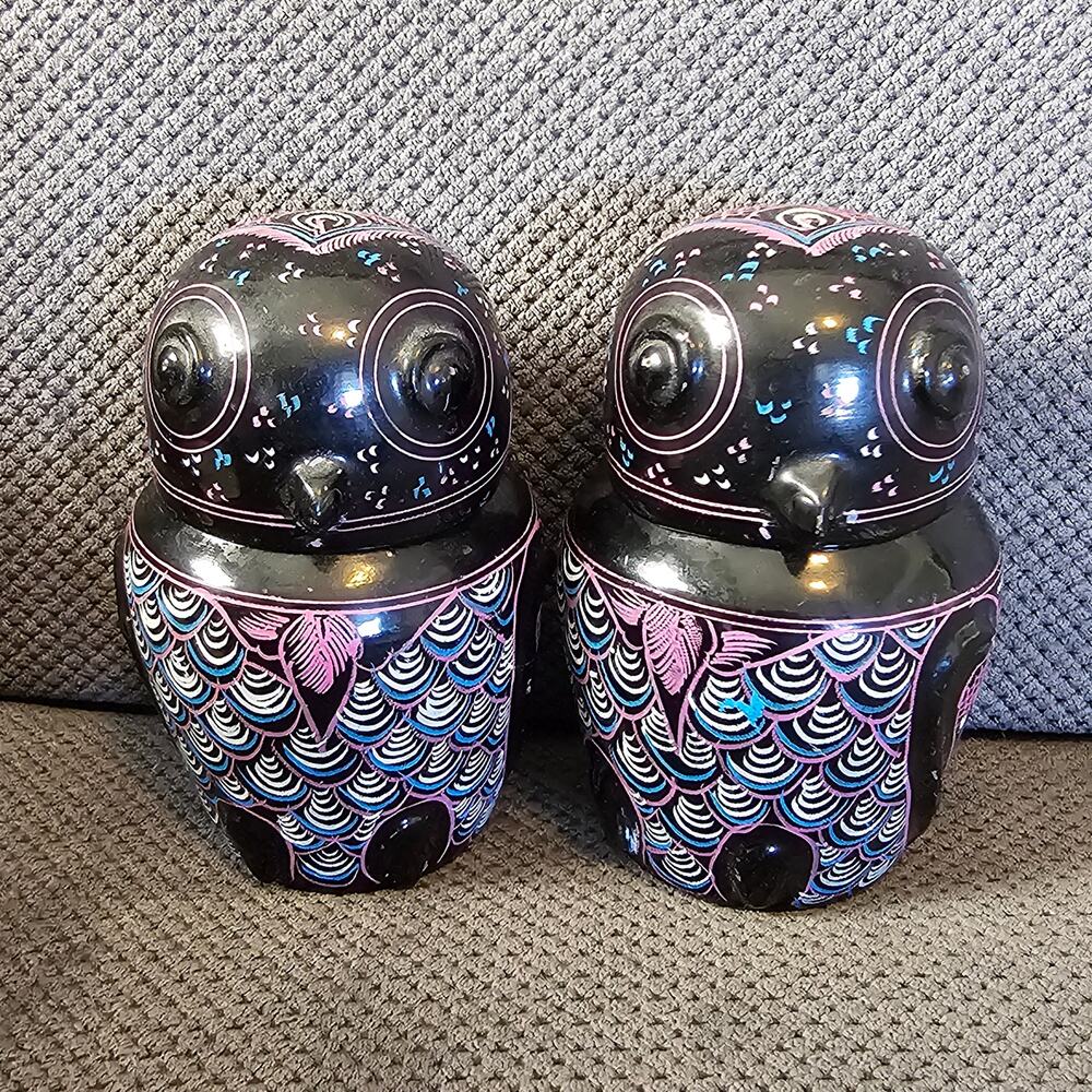 Vintage Burmese Lacquerware Owl Jar Set Purple & Black